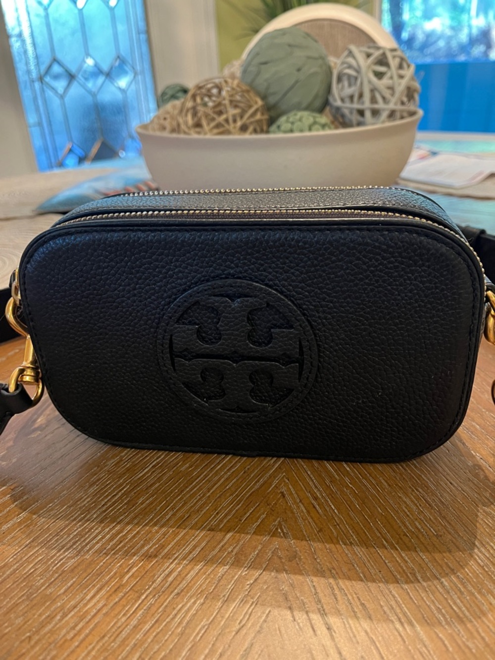 Tory Burch Black Pebbled Leather Double-Zip Camera Bag